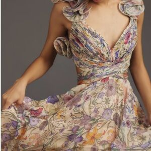 Mac Duggal Flutter-Sleeve V-Neck Maxi Dress